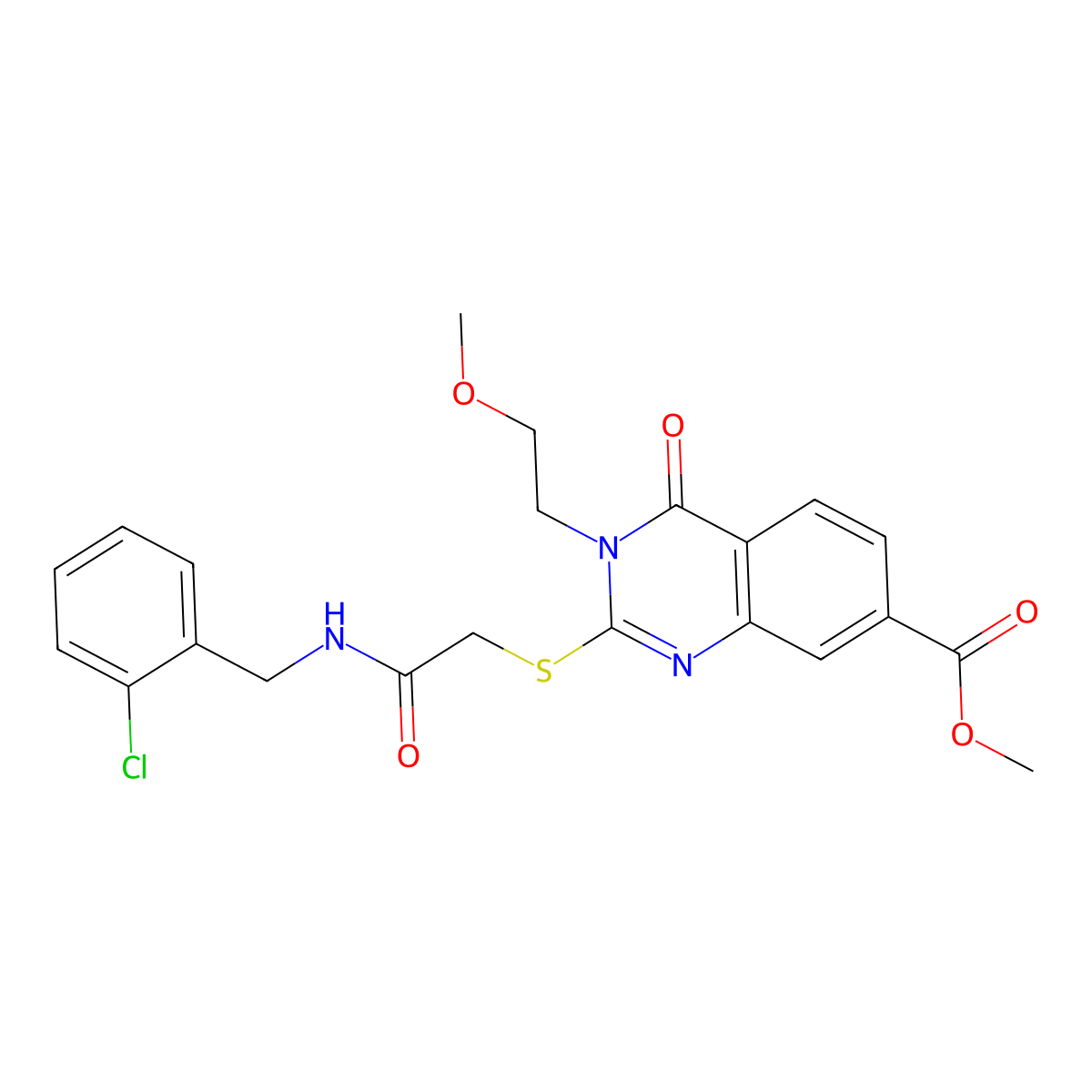Methyl 2-[2-[(2-chlorophenyl)methylamino]-2-oxoethyl]sulfanyl-3-(2-methoxyethyl)-4-oxoquinazoline-7-carboxylate molecular structure, CAS 422530-99-2