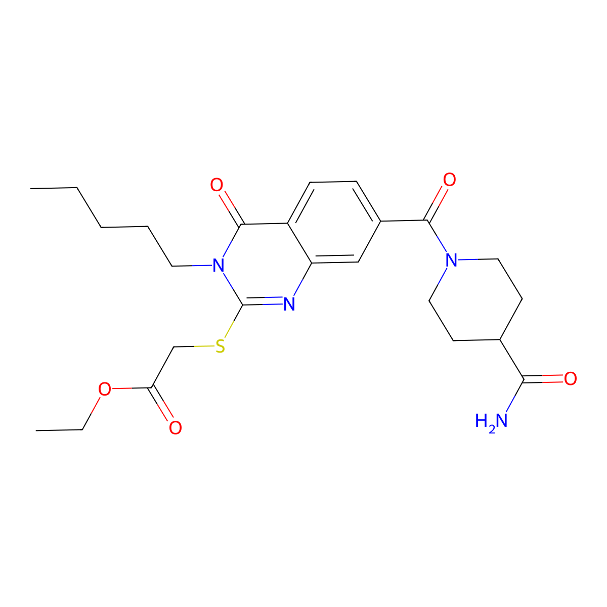 Ethyl 2-[7-(4-carbamoylpiperidine-1-carbonyl)-4-oxo-3-pentylquinazolin-2-yl]sulfanylacetate molecular structure, CAS 422531-18-8