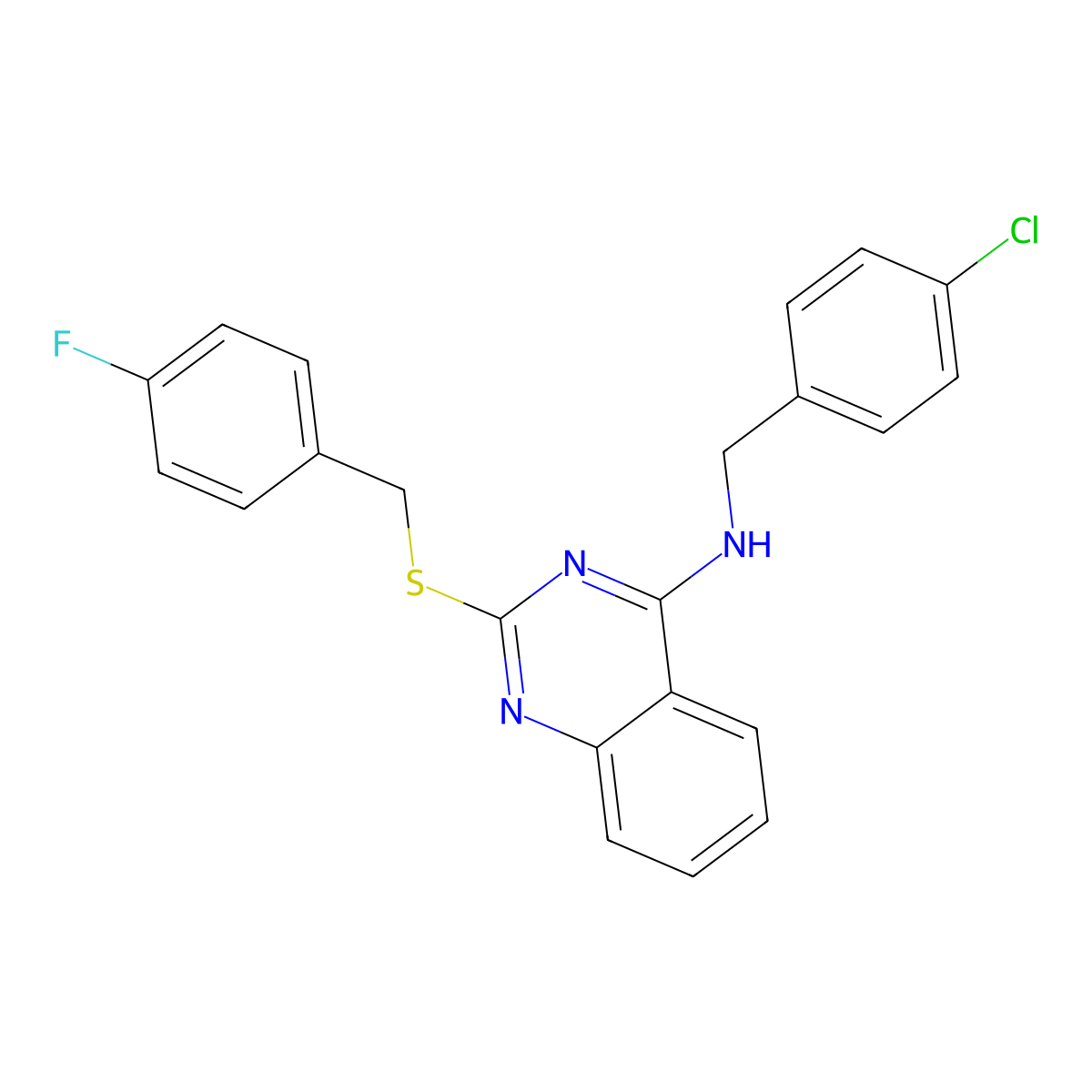 N-[(4-chlorophenyl)methyl]-2-[(4-fluorophenyl)methylsulfanyl]quinazolin-4-amine molecular structure, CAS 422531-97-3