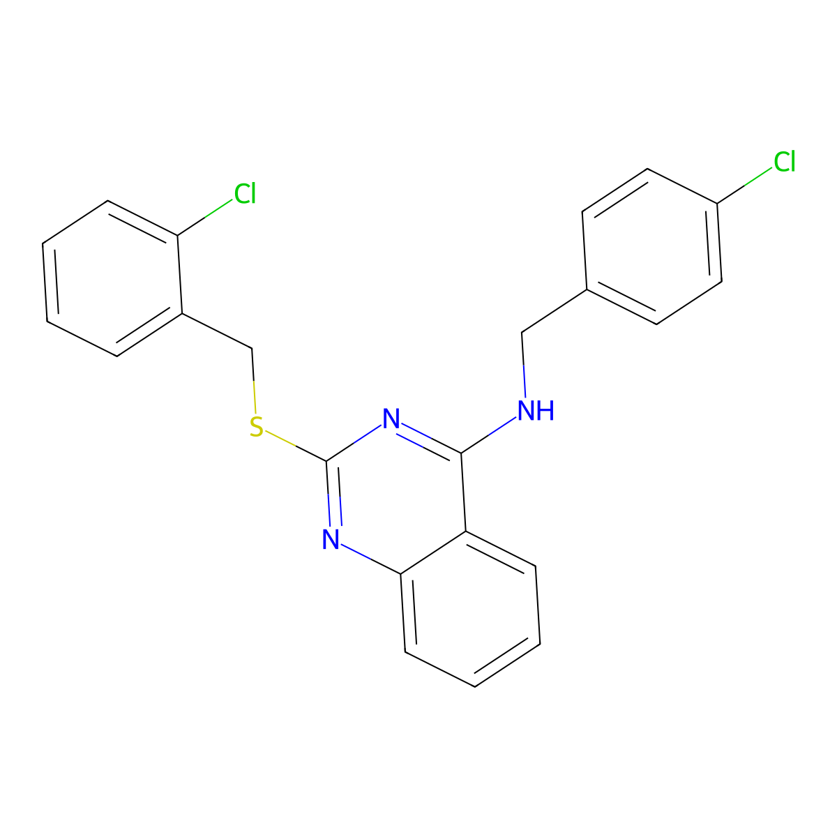 N-[(4-chlorophenyl)methyl]-2-[(2-chlorophenyl)methylsulfanyl]quinazolin-4-amine molecular structure, CAS 422531-98-4