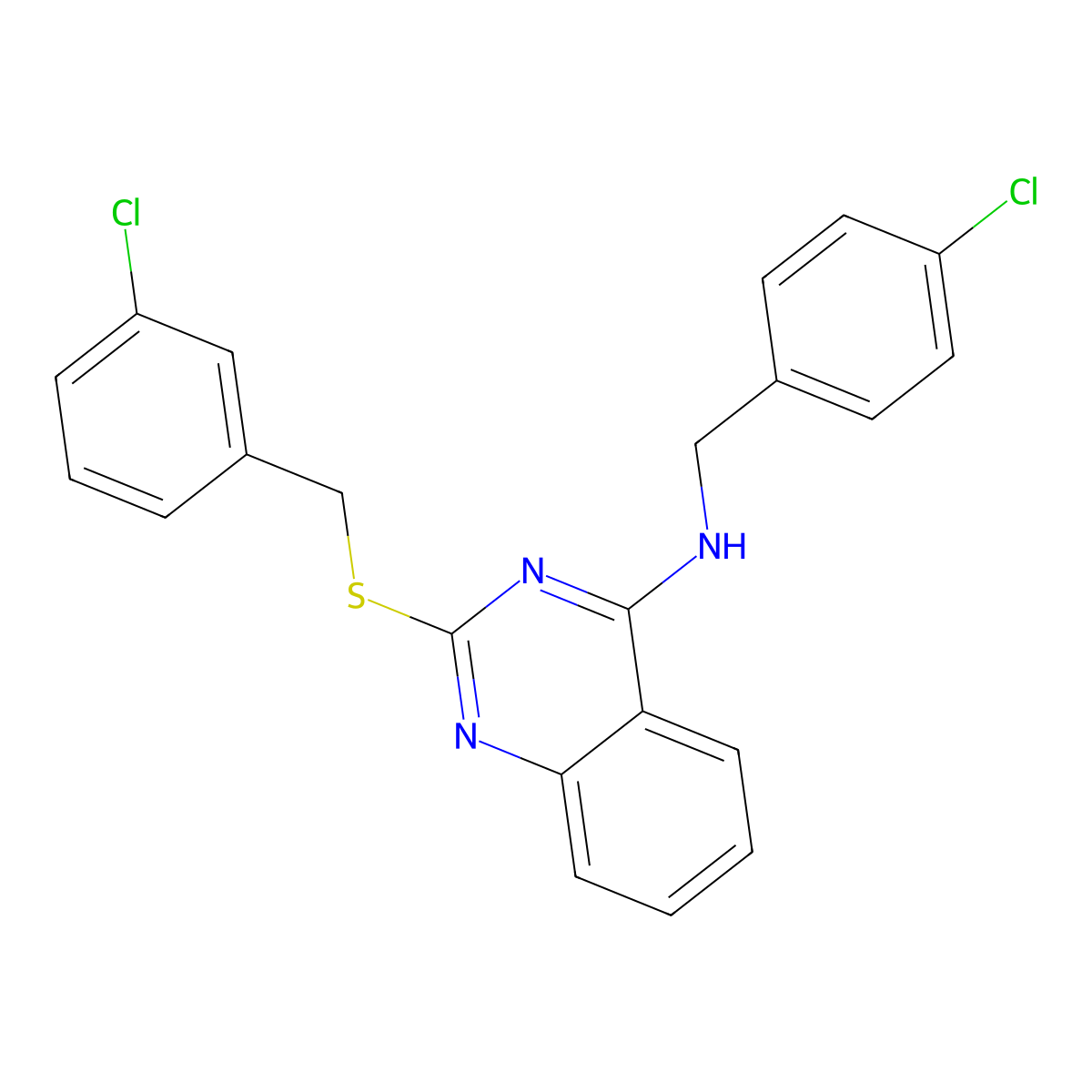 N-[(4-chlorophenyl)methyl]-2-[(3-chlorophenyl)methylsulfanyl]quinazolin-4-amine molecular structure, CAS 422531-99-5