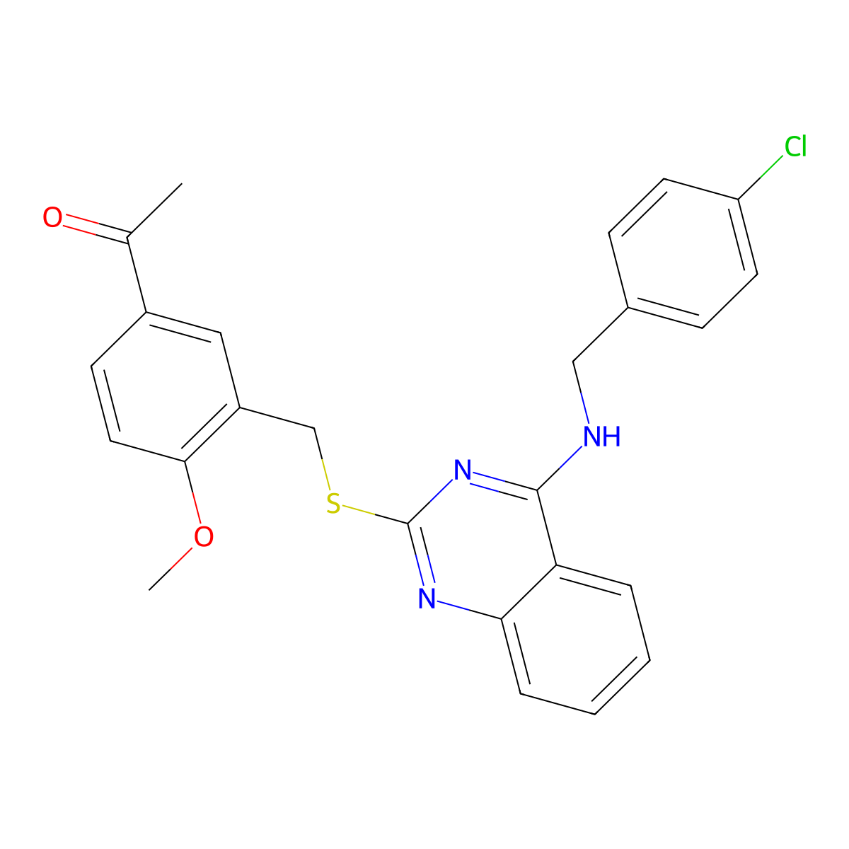 1-[3-[[4-[(4-Chlorophenyl)methylamino]quinazolin-2-yl]sulfanylmethyl]-4-methoxyphenyl]ethanone molecular structure, CAS 422532-02-3