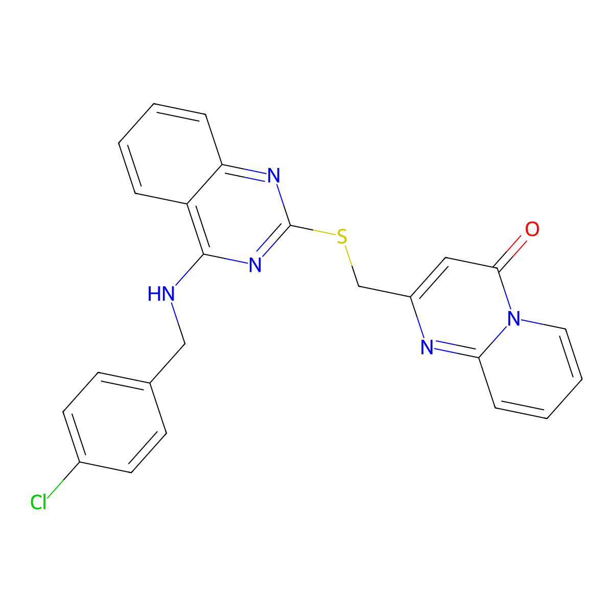 2-[[4-[(4-Chlorophenyl)methylamino]quinazolin-2-yl]sulfanylmethyl]pyrido[1,2-a]pyrimidin-4-one molecular structure, CAS 422532-03-4