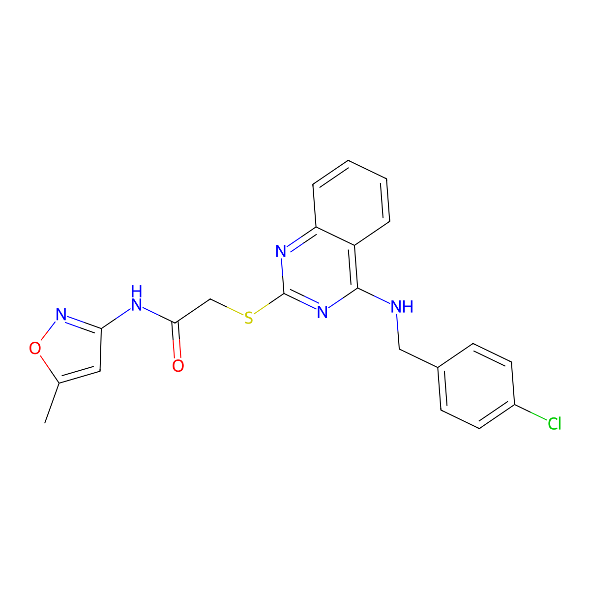 2-((4-((4-chlorobenzyl)amino)quinazolin-2-yl)thio)-N-(5-methylisoxazol-3-yl)acetamide molecular structure, CAS 422532-09-0