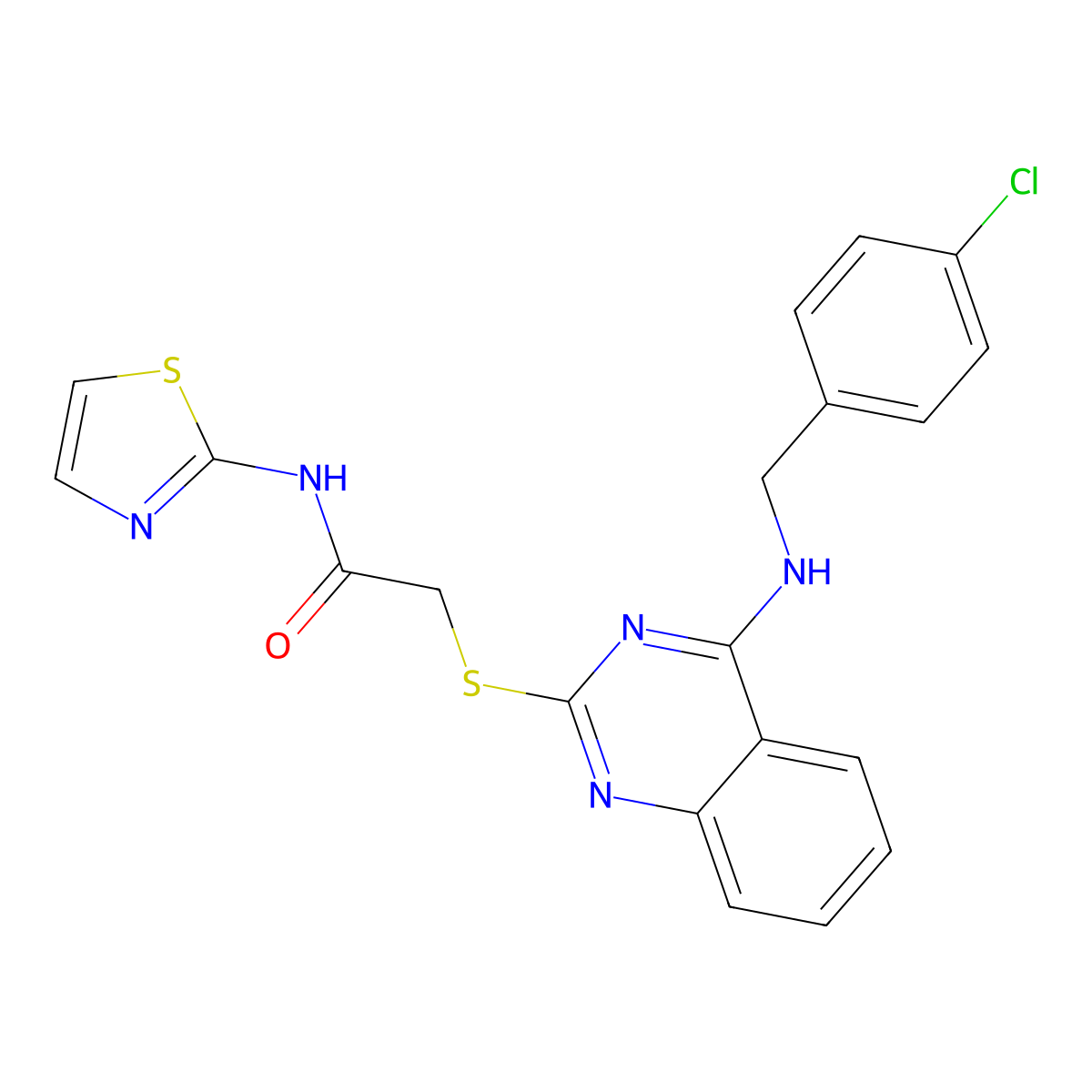 2-((4-((4-chlorobenzyl)amino)quinazolin-2-yl)thio)-N-(thiazol-2-yl)acetamide molecular structure, CAS 422532-14-7