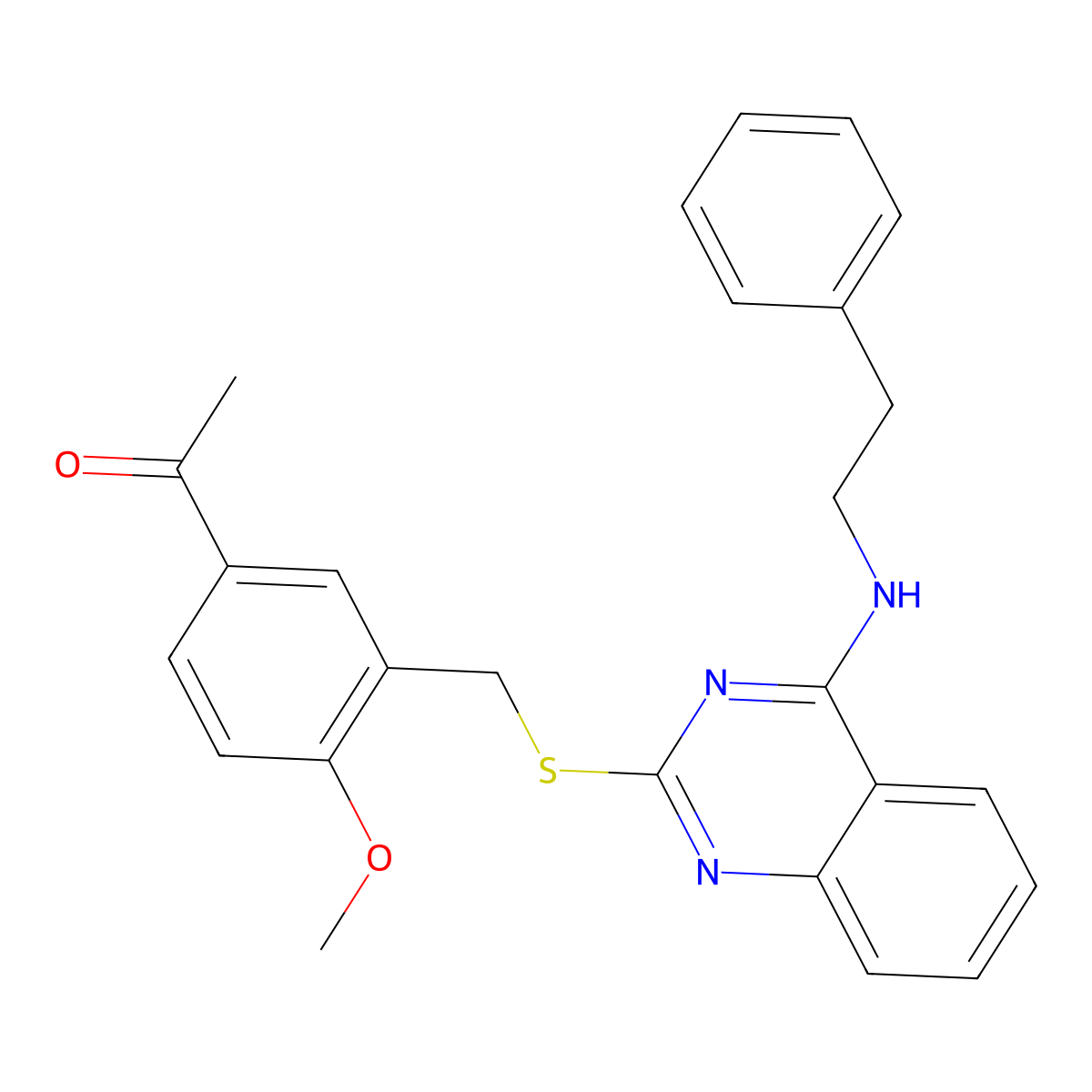 1-(4-Methoxy-3-(((4-(phenethylamino)quinazolin-2-yl)thio)methyl)phenyl)ethanone molecular structure, CAS 422532-37-4