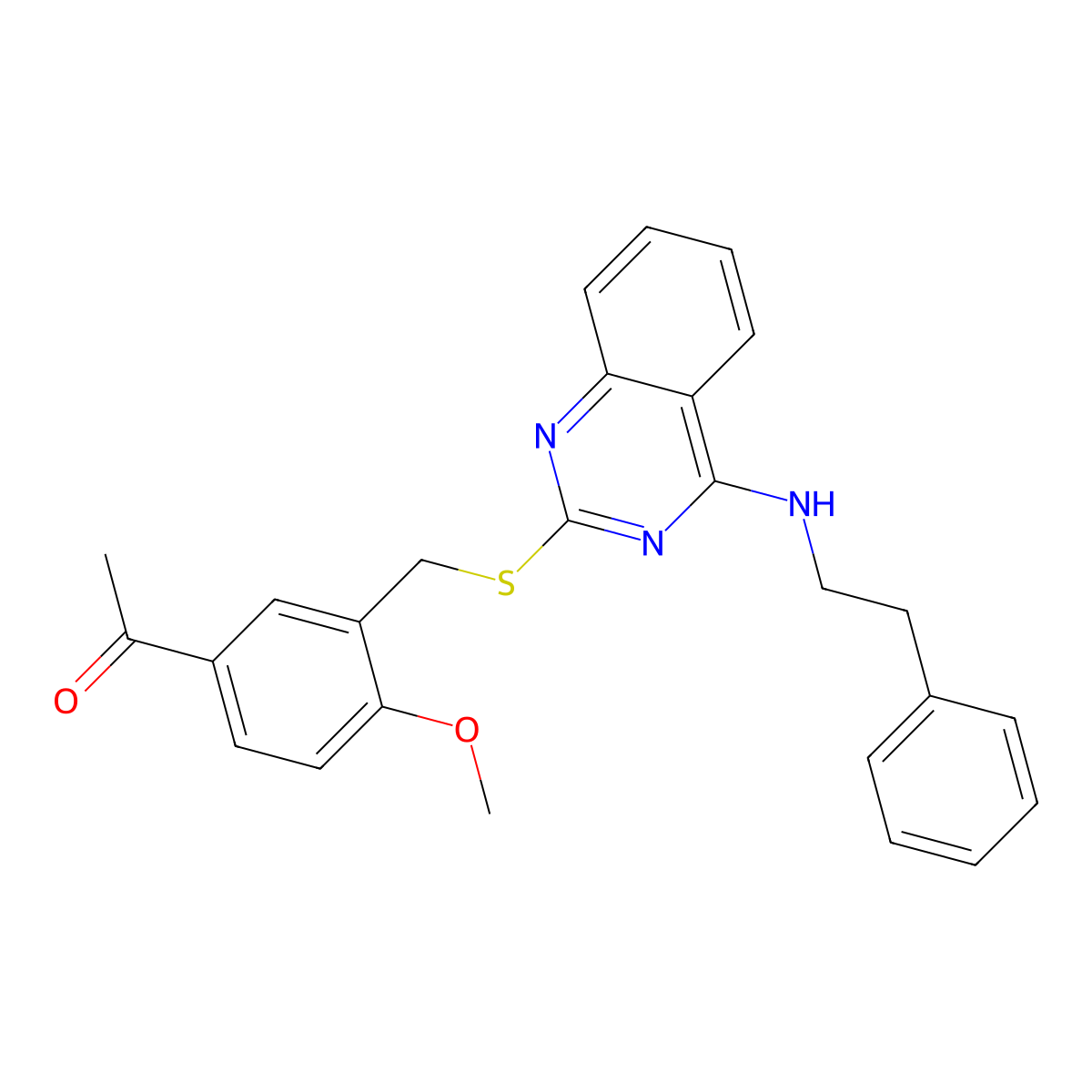 1-(4-Methoxy-3-(((4-(phenethylamino)quinazolin-2-yl)thio)methyl)phenyl)ethanone molecular structure, CAS 422532-37-4