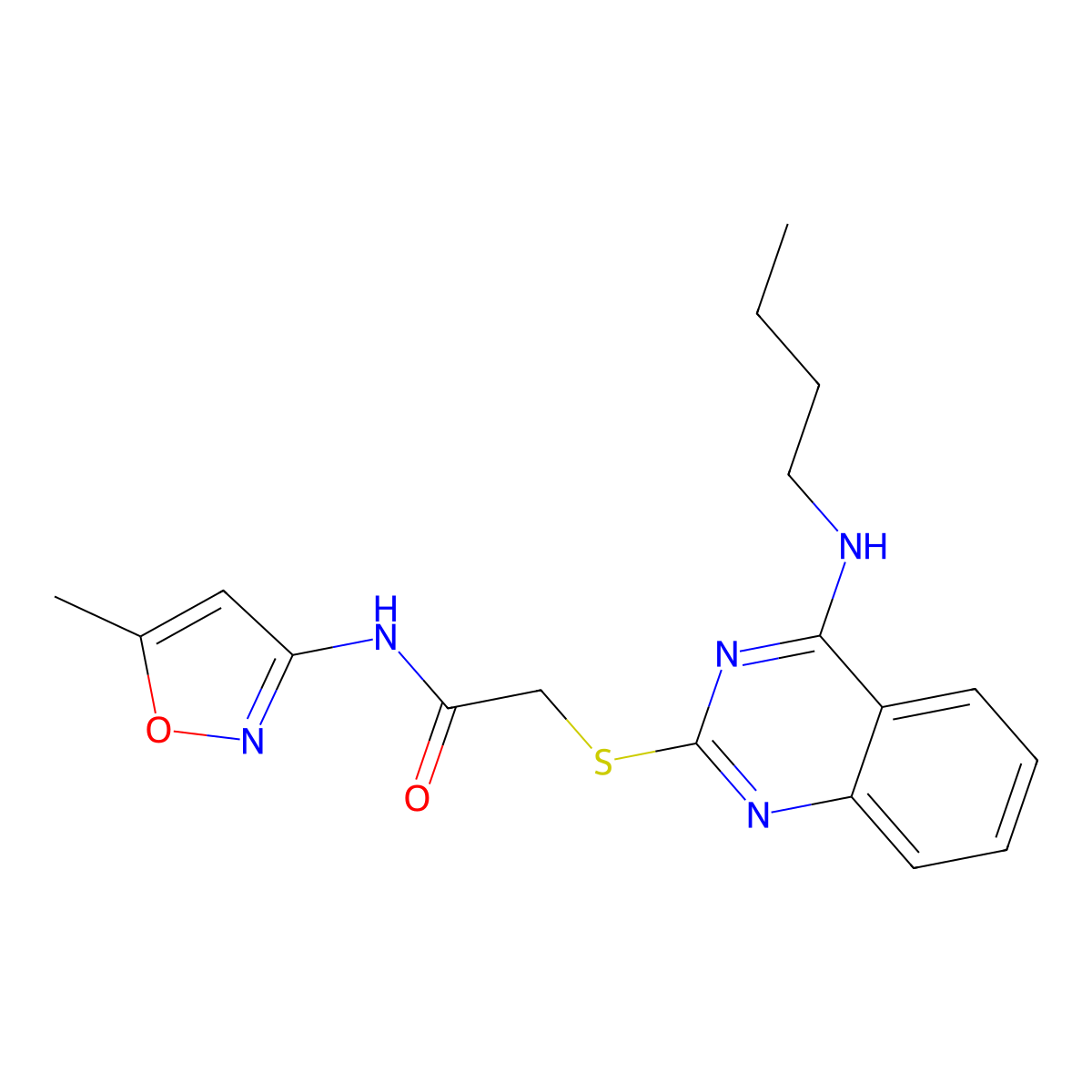 2-((4-(butylamino)quinazolin-2-yl)thio)-N-(5-methylisoxazol-3-yl)acetamide molecular structure, CAS 422532-72-7