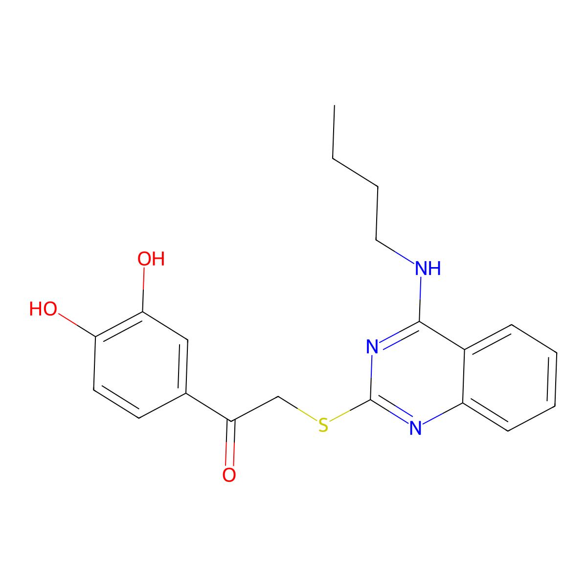 2-((4-(Butylamino)quinazolin-2-yl)thio)-1-(3,4-dihydroxyphenyl)ethanone molecular structure, CAS 422532-89-6