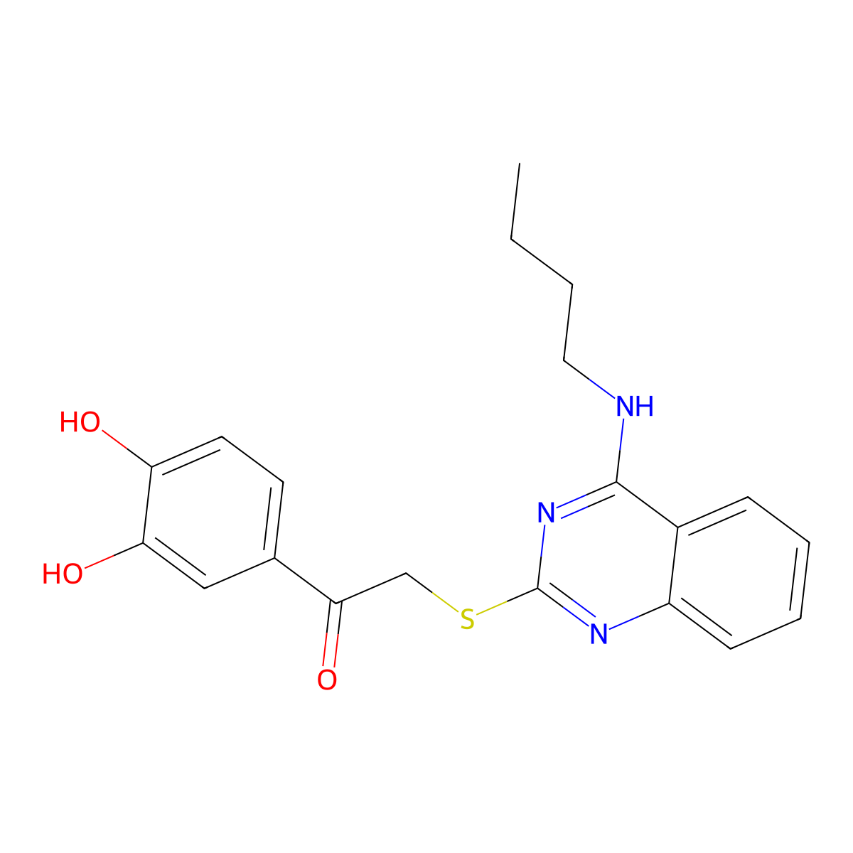 2-((4-(Butylamino)quinazolin-2-yl)thio)-1-(3,4-dihydroxyphenyl)ethanone molecular structure, CAS 422532-89-6