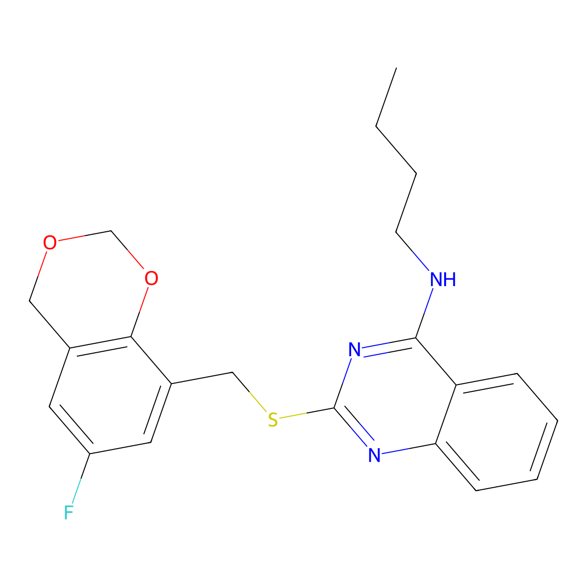 N-butyl-2-[(6-fluoro-4H-1,3-benzodioxin-8-yl)methylsulfanyl]quinazolin-4-amine molecular structure, CAS 422532-90-9