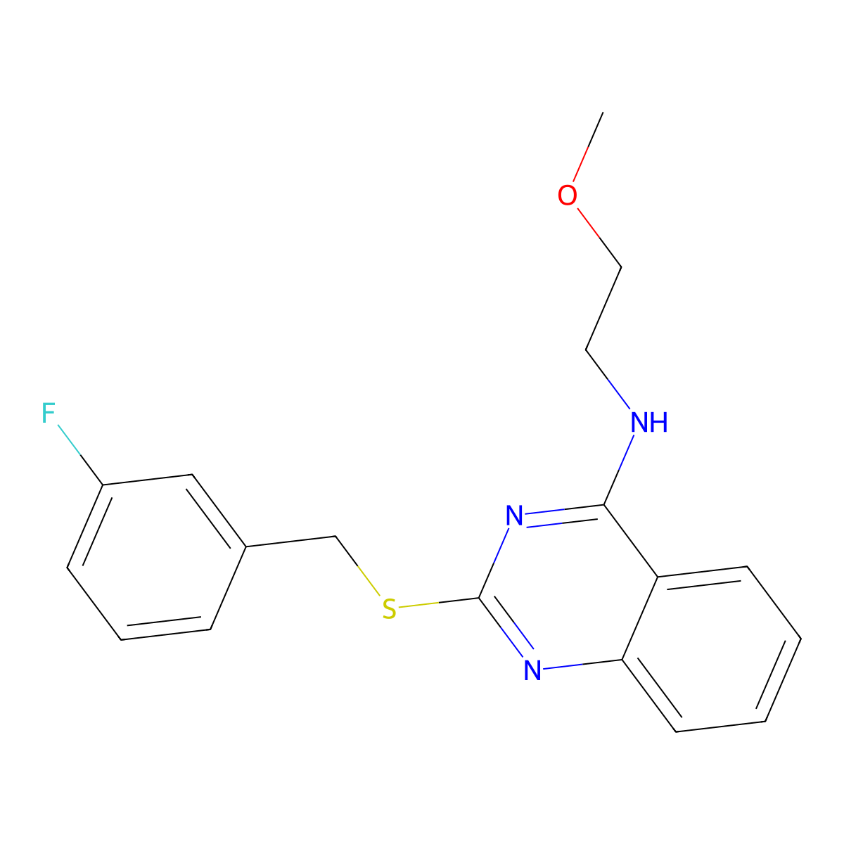 2-[(3-fluorophenyl)methylsulfanyl]-N-(2-methoxyethyl)quinazolin-4-amine molecular structure, CAS 422532-93-2