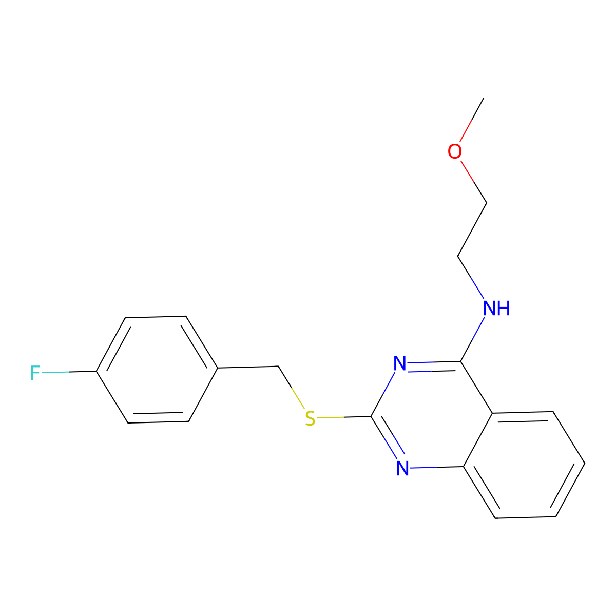 2-((4-fluorobenzyl)thio)-N-(2-methoxyethyl)quinazolin-4-amine molecular structure, CAS 422532-94-3