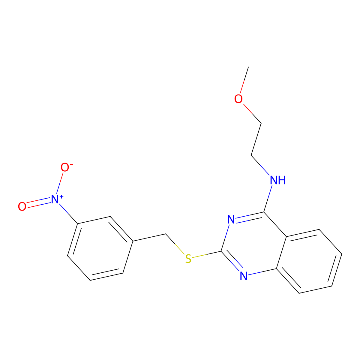 N-(2-methoxyethyl)-2-((3-nitrobenzyl)thio)quinazolin-4-amine molecular structure, CAS 422532-98-7