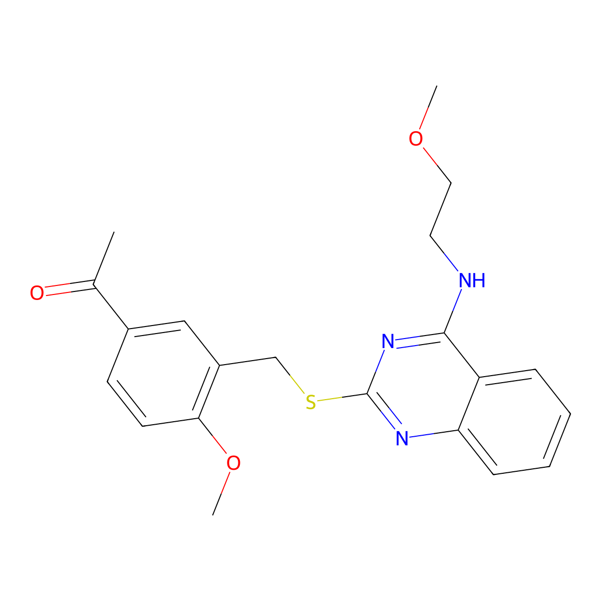 1-[4-Methoxy-3-[[4-(2-methoxyethylamino)quinazolin-2-yl]sulfanylmethyl]phenyl]ethanone molecular structure, CAS 422533-00-4