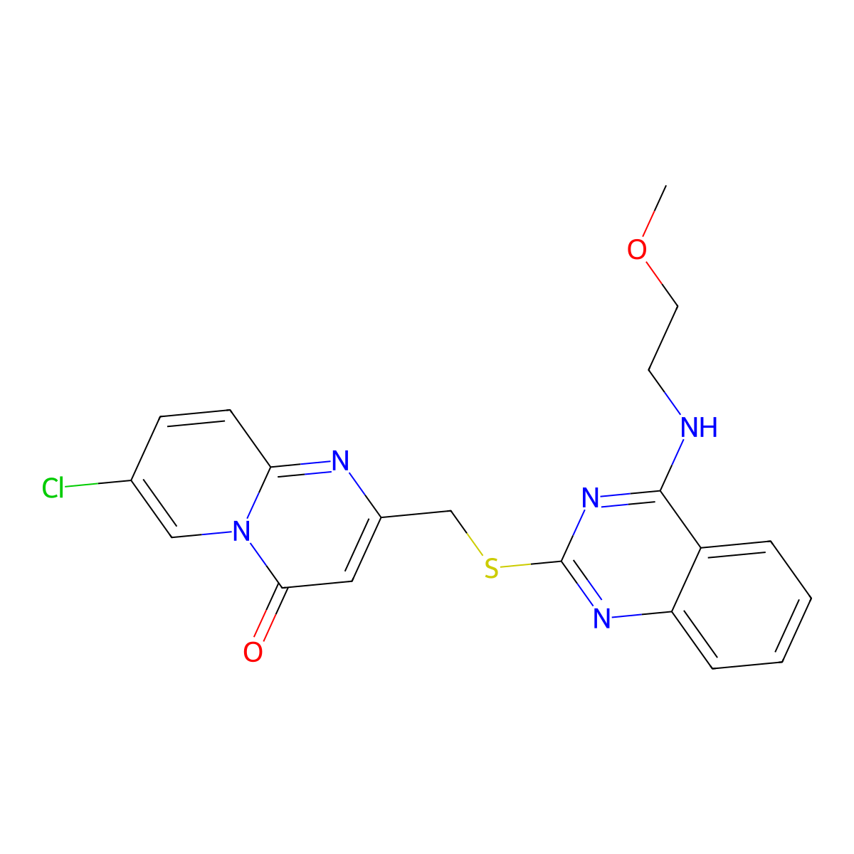 7-chloro-2-(((4-((2-methoxyethyl)amino)quinazolin-2-yl)thio)methyl)-4H-pyrido[1,2-a]pyrimidin-4-one molecular structure, CAS 422533-03-7