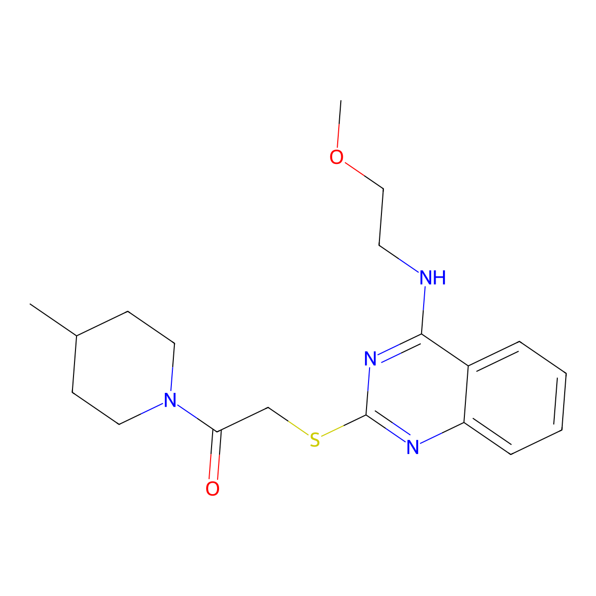 2-[4-(2-Methoxyethylamino)quinazolin-2-yl]sulfanyl-1-(4-methylpiperidin-1-yl)ethanone molecular structure, CAS 422533-05-9