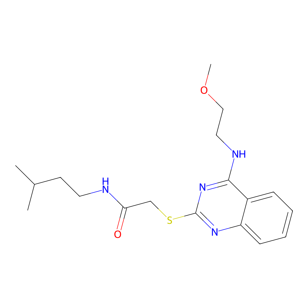 N-isopentyl-2-((4-((2-methoxyethyl)amino)quinazolin-2-yl)thio)acetamide molecular structure, CAS 422533-07-1