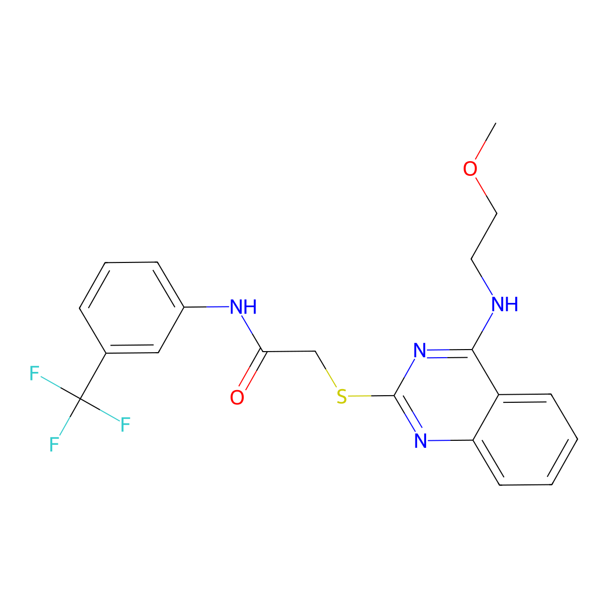 2-[4-(2-methoxyethylamino)quinazolin-2-yl]sulfanyl-N-[3-(trifluoromethyl)phenyl]acetamide molecular structure, CAS 422533-13-9