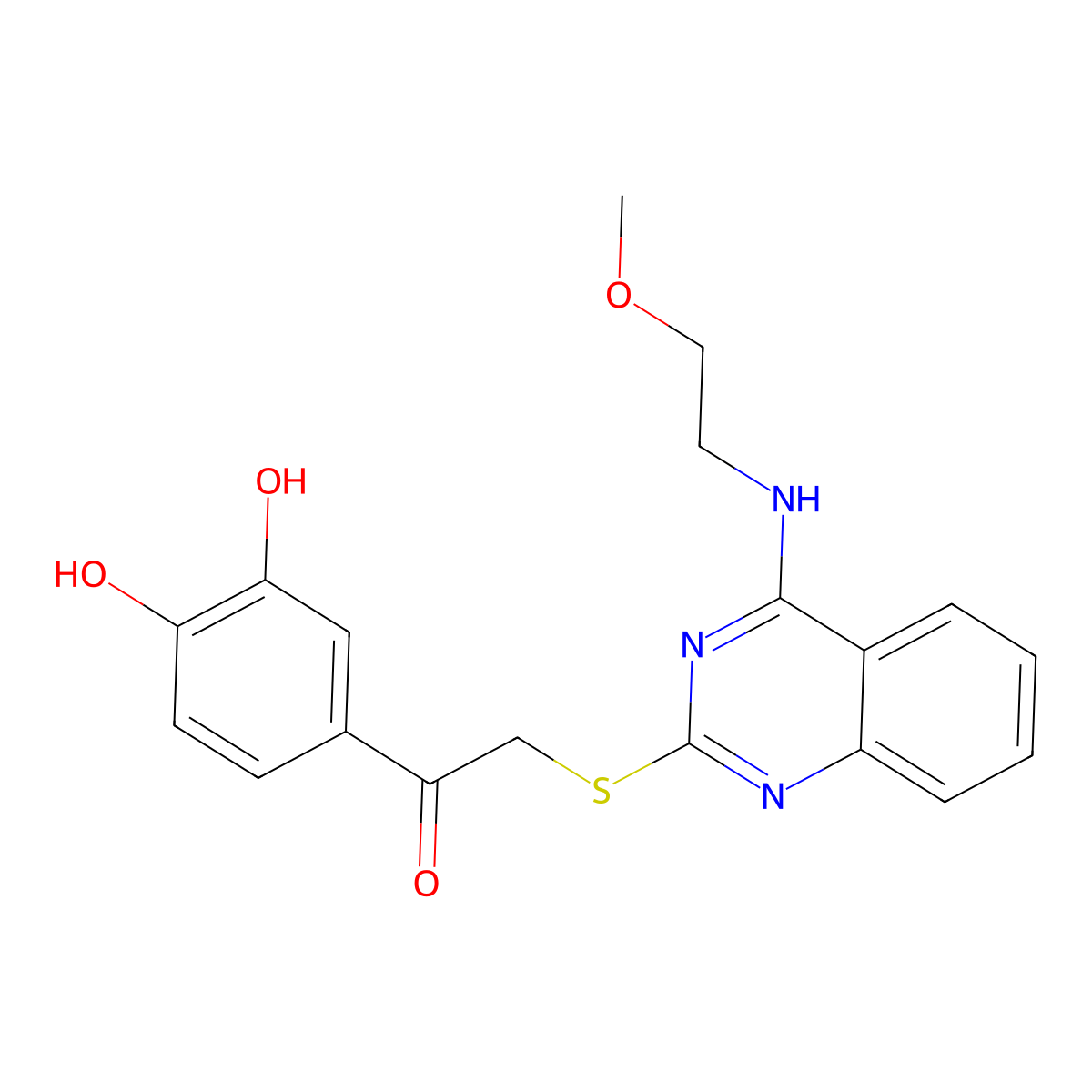 1-(3,4-Dihydroxyphenyl)-2-[4-(2-methoxyethylamino)quinazolin-2-yl]sulfanylethanone molecular structure, CAS 422533-18-4