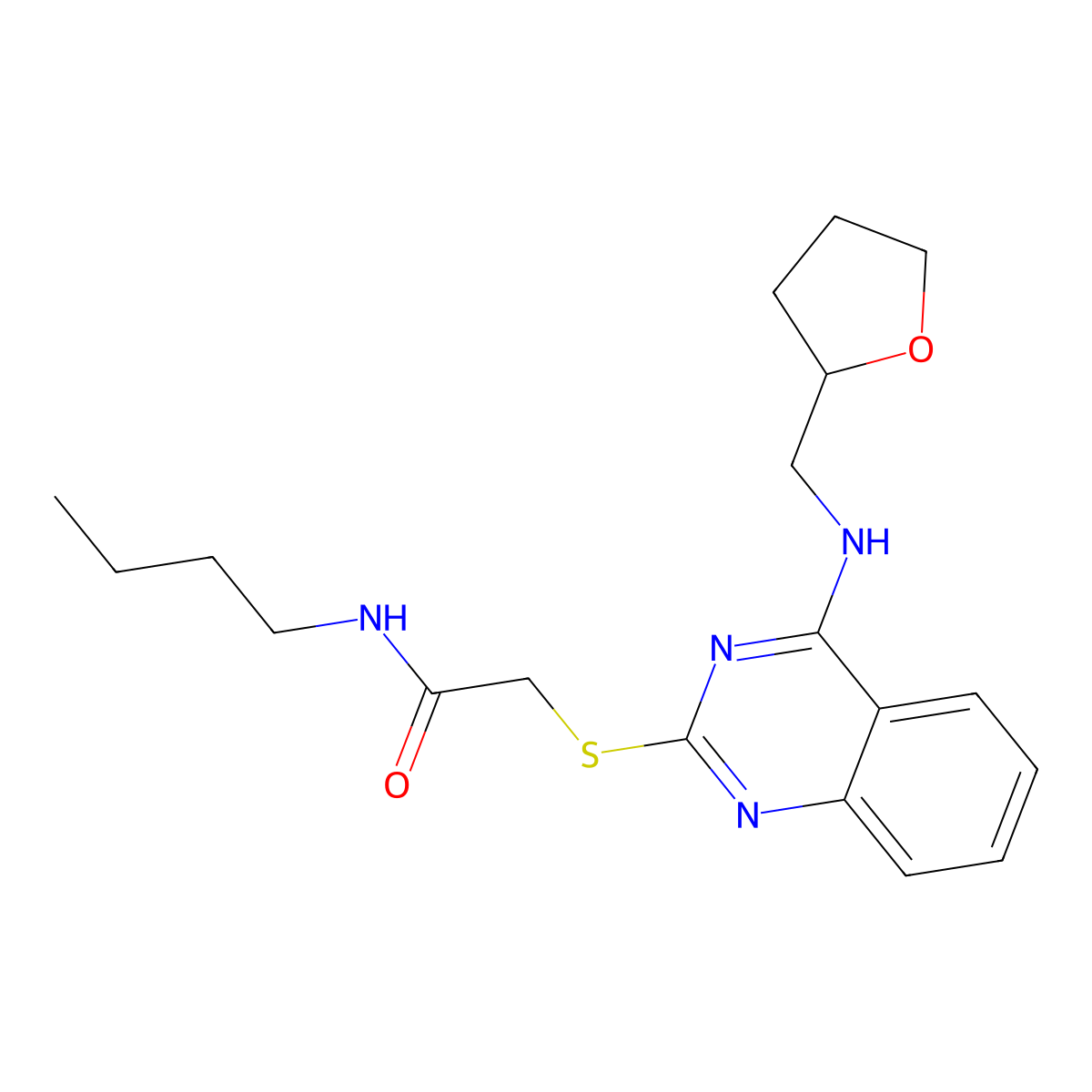 N-butyl-2-((4-(((tetrahydrofuran-2-yl)methyl)amino)quinazolin-2-yl)thio)acetamide molecular structure, CAS 422533-27-5