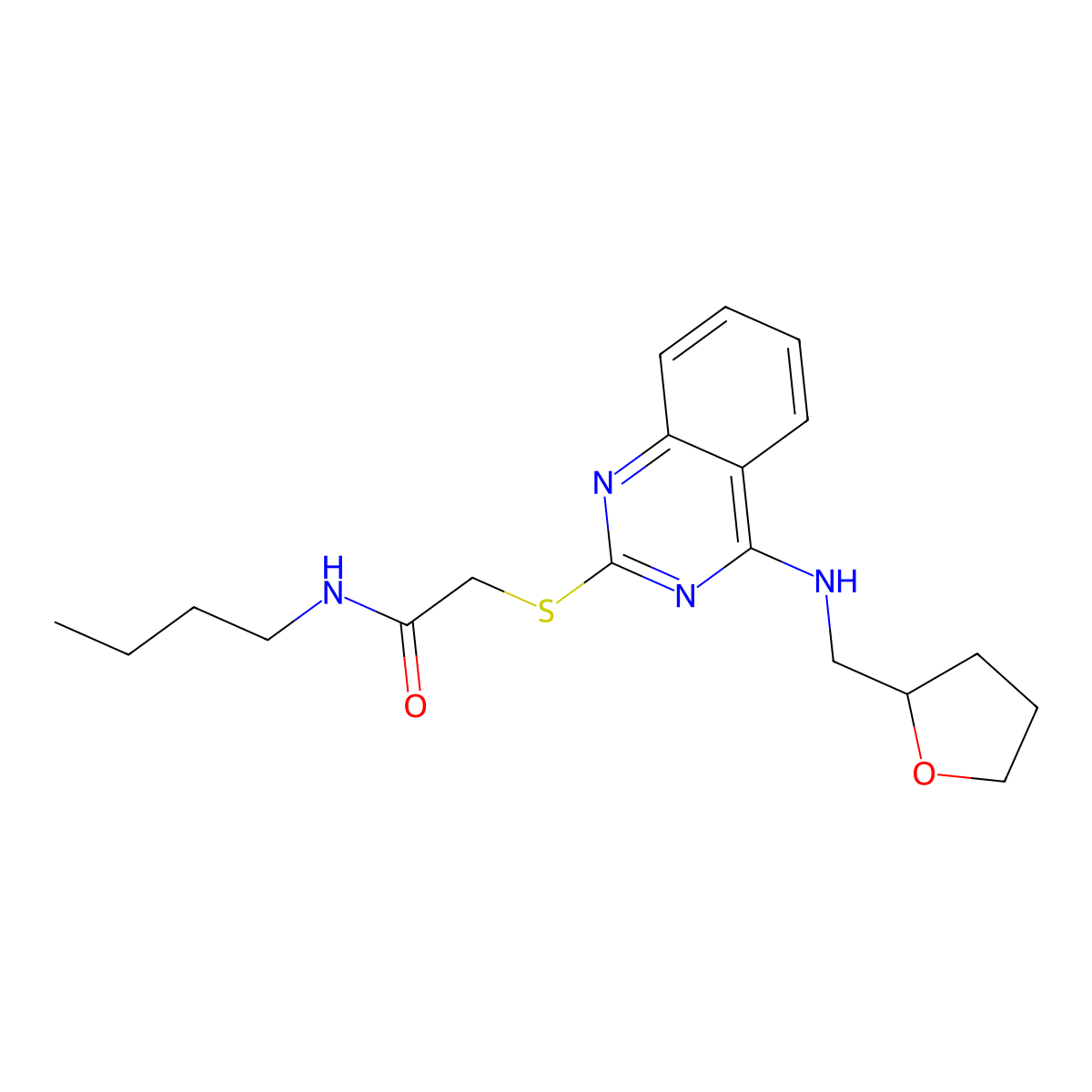 N-butyl-2-((4-(((tetrahydrofuran-2-yl)methyl)amino)quinazolin-2-yl)thio)acetamide molecular structure, CAS 422533-27-5