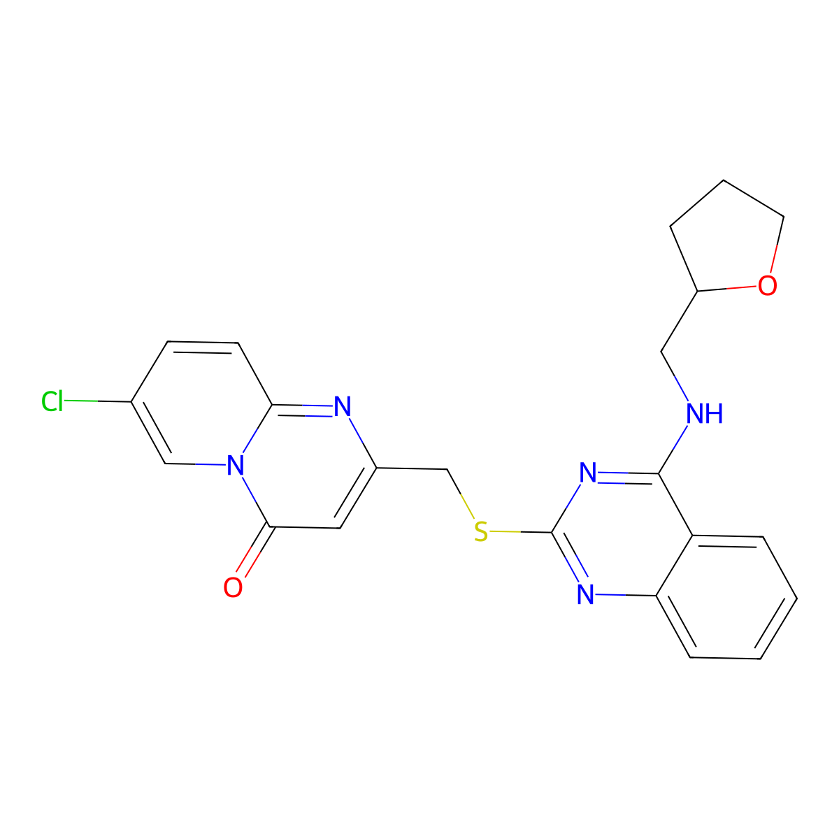 7-Chloro-2-[[4-(oxolan-2-ylmethylamino)quinazolin-2-yl]sulfanylmethyl]pyrido[1,2-a]pyrimidin-4-one molecular structure, CAS 422533-38-8