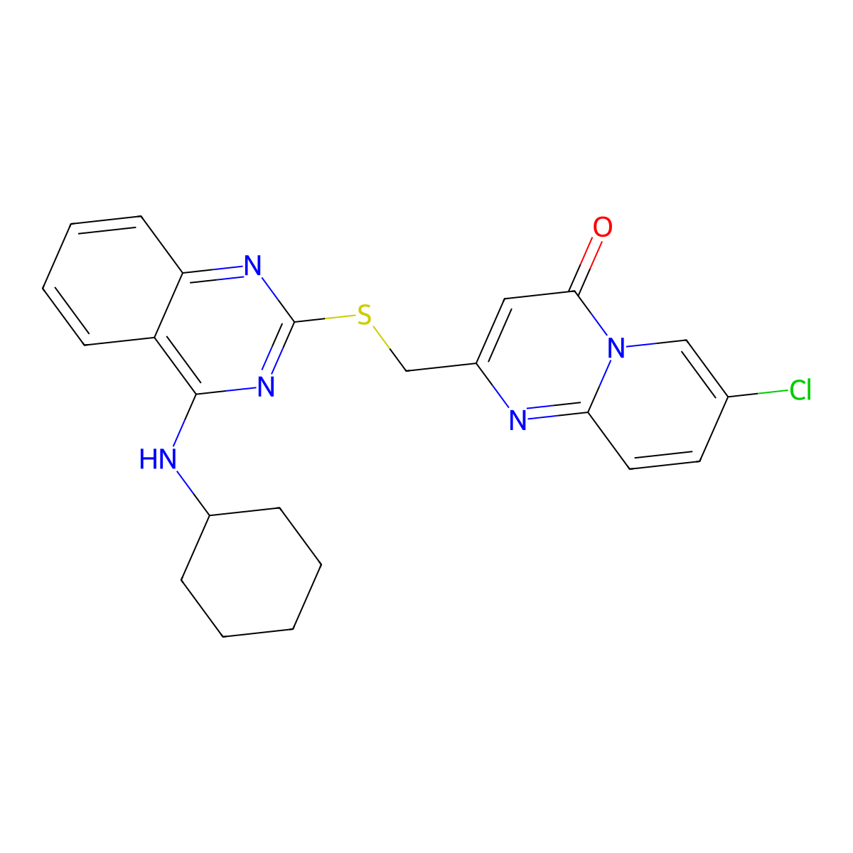 7-Chloro-2-[[4-(cyclohexylamino)quinazolin-2-yl]sulfanylmethyl]pyrido[1,2-a]pyrimidin-4-one molecular structure, CAS 422533-53-7