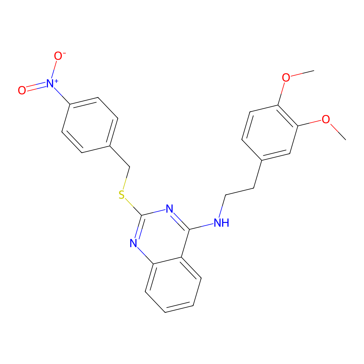 N-[2-(3,4-dimethoxyphenyl)ethyl]-2-[(4-nitrophenyl)methylsulfanyl]quinazolin-4-amine molecular structure, CAS 422533-65-1