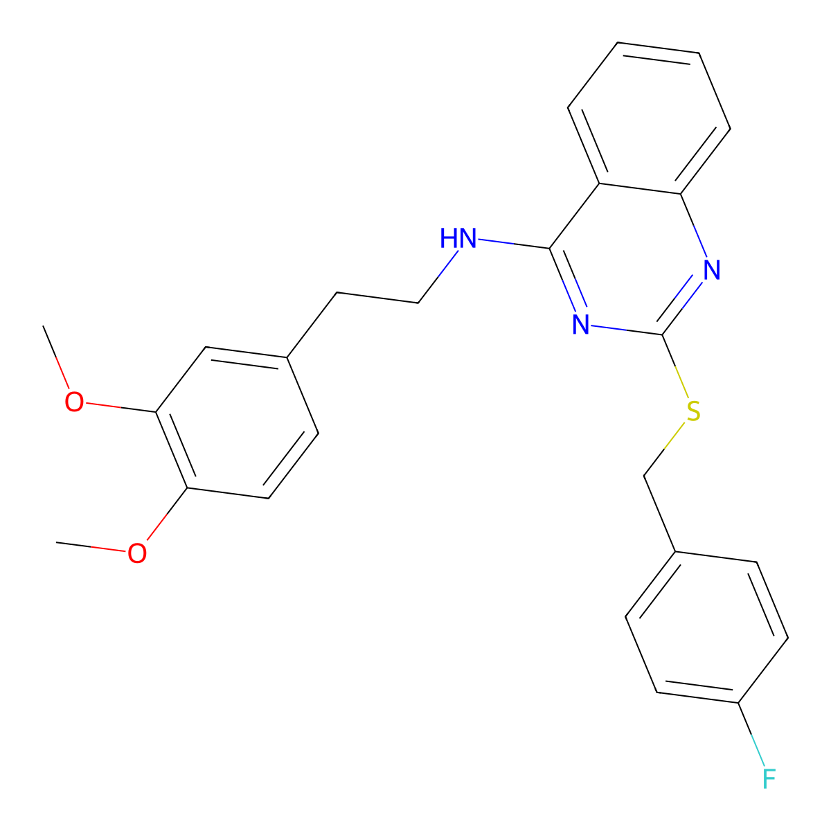 N-[2-(3,4-dimethoxyphenyl)ethyl]-2-[(4-fluorophenyl)methylsulfanyl]quinazolin-4-amine molecular structure, CAS 422533-66-2