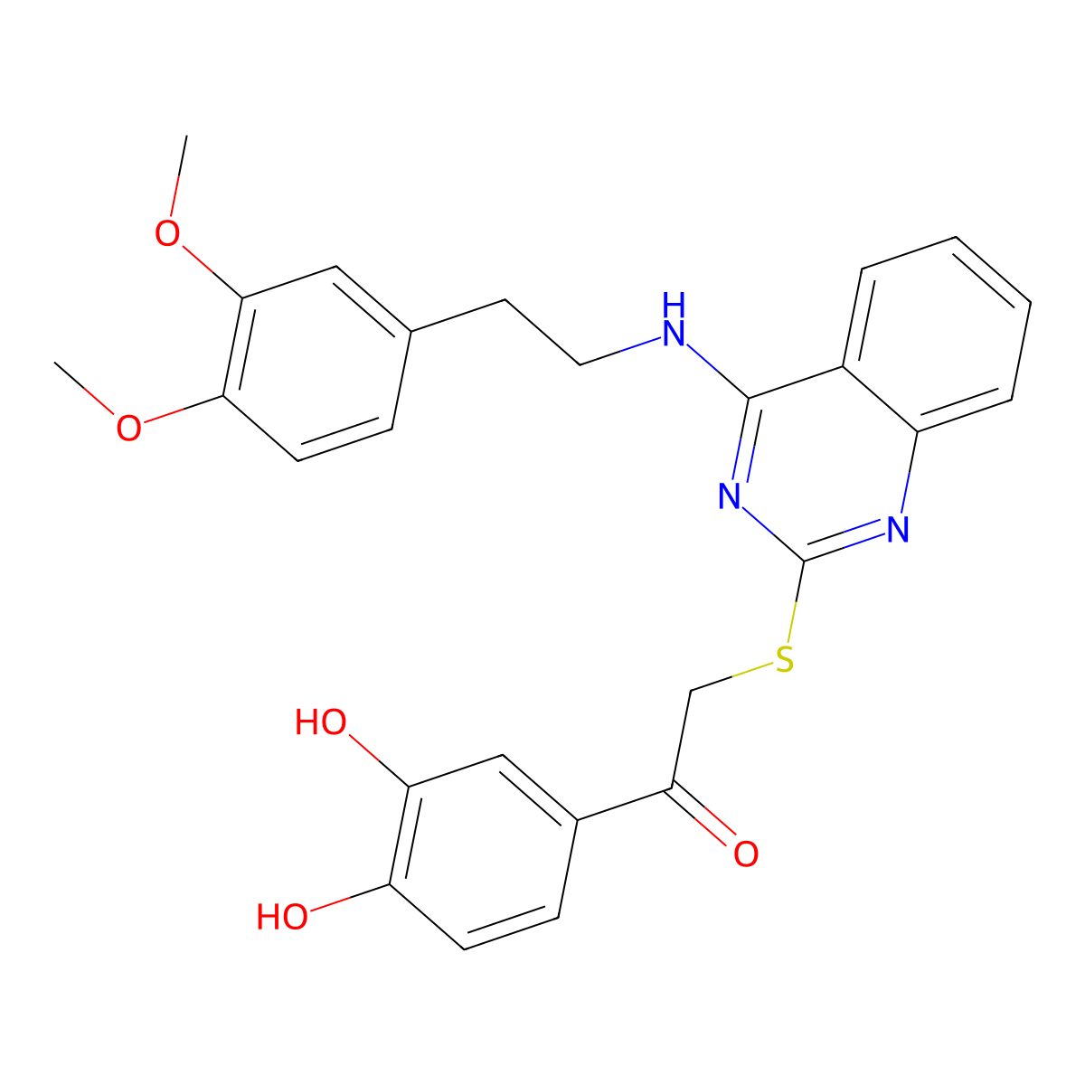 1-(3,4-Dihydroxyphenyl)-2-((4-((3,4-dimethoxyphenethyl)amino)quinazolin-2-yl)thio)ethanone molecular structure, CAS 422533-69-5