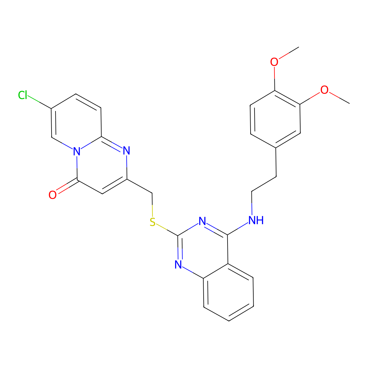 7-Chloro-2-[[4-[2-(3,4-dimethoxyphenyl)ethylamino]quinazolin-2-yl]sulfanylmethyl]pyrido[1,2-a]pyrimidin-4-one molecular structure, CAS 422533-70-8