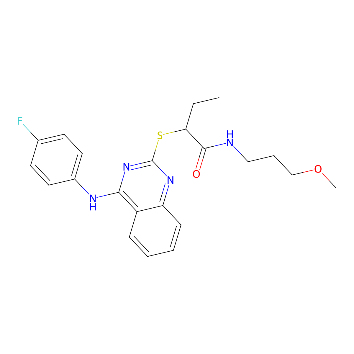 2-[4-(4-fluoroanilino)quinazolin-2-yl]sulfanyl-N-(3-methoxypropyl)butanamide molecular structure, CAS 422533-80-0