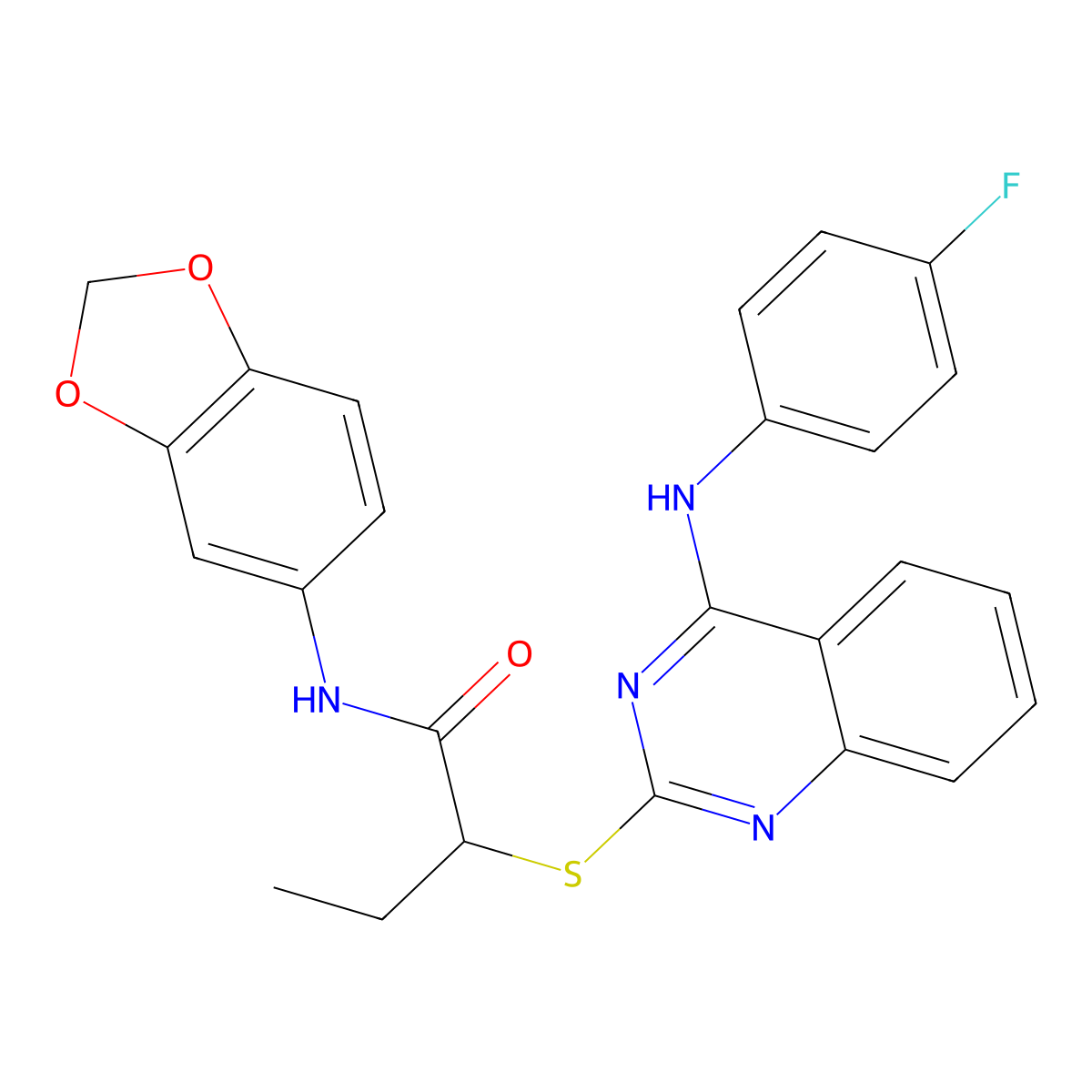 N-(1,3-benzodioxol-5-yl)-2-[4-(4-fluoroanilino)quinazolin-2-yl]sulfanylbutanamide molecular structure, CAS 422533-82-2