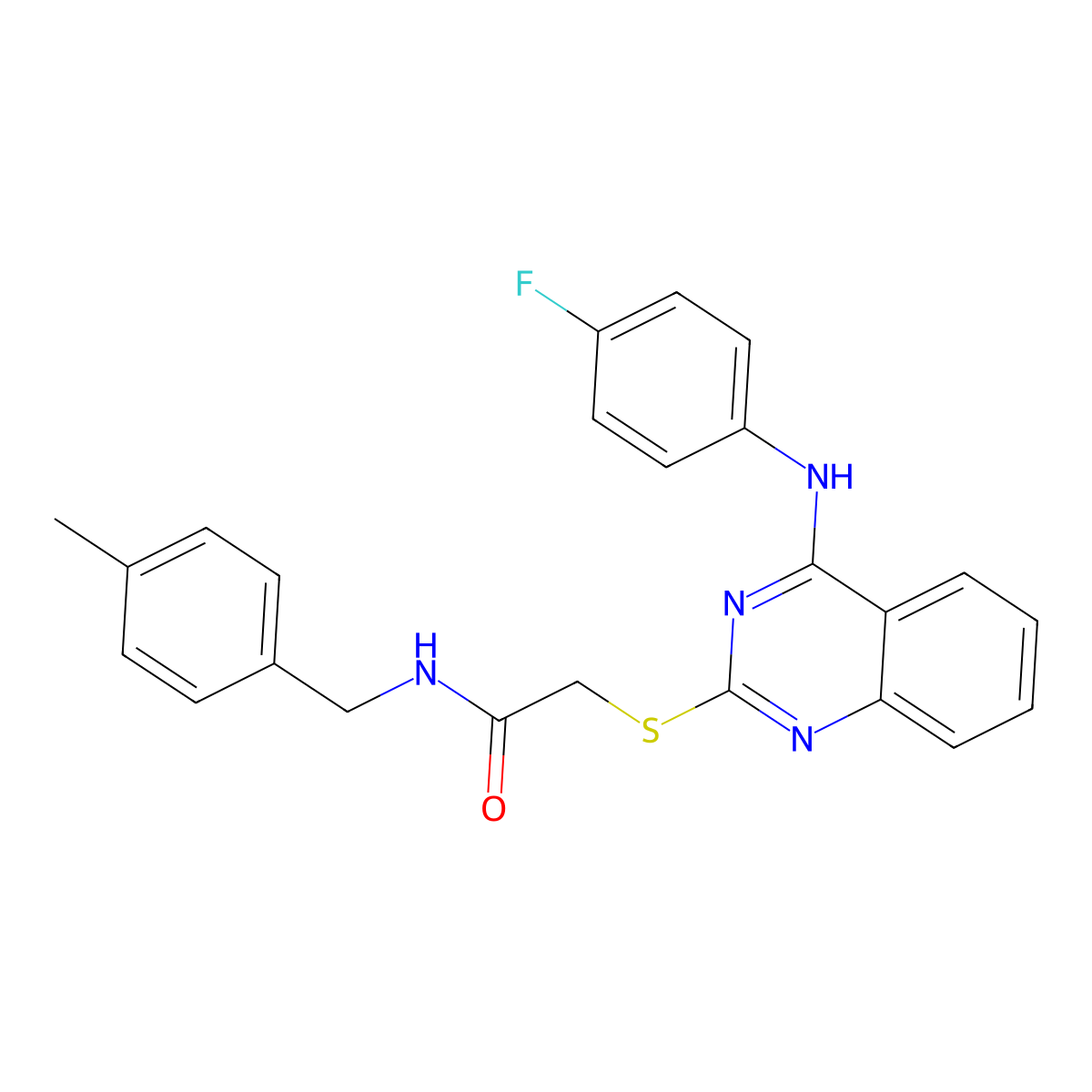 2-[4-(4-fluoroanilino)quinazolin-2-yl]sulfanyl-N-[(4-methylphenyl)methyl]acetamide molecular structure, CAS 422533-83-3