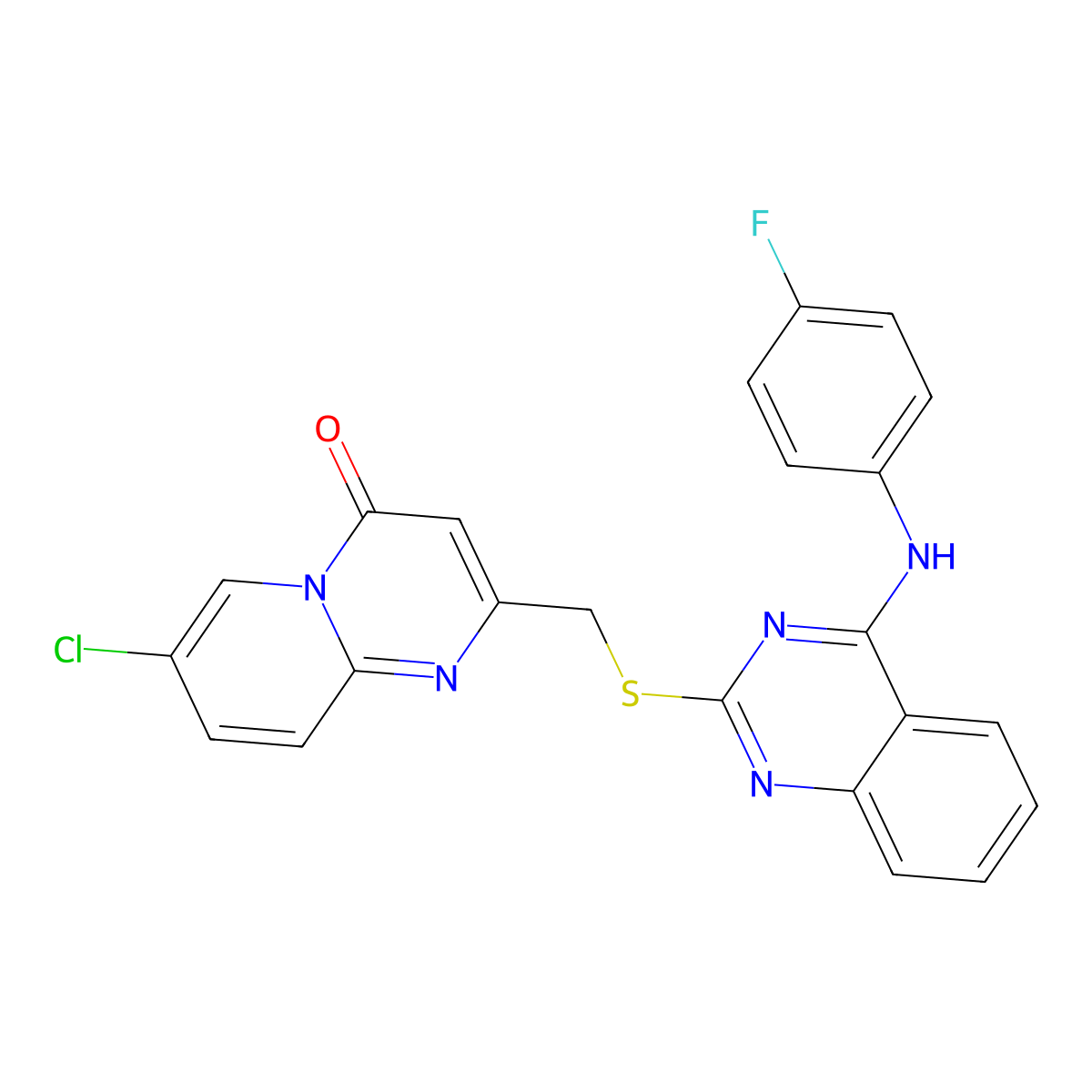 7-Chloro-2-[[4-(4-fluoroanilino)quinazolin-2-yl]sulfanylmethyl]pyrido[1,2-a]pyrimidin-4-one molecular structure, CAS 422533-86-6