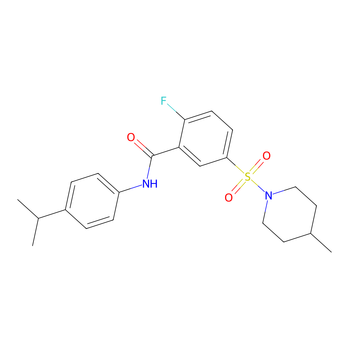 2-fluoro-5-(4-methylpiperidin-1-yl)sulfonyl-N-(4-propan-2-ylphenyl)benzamide molecular structure, CAS 422552-90-7