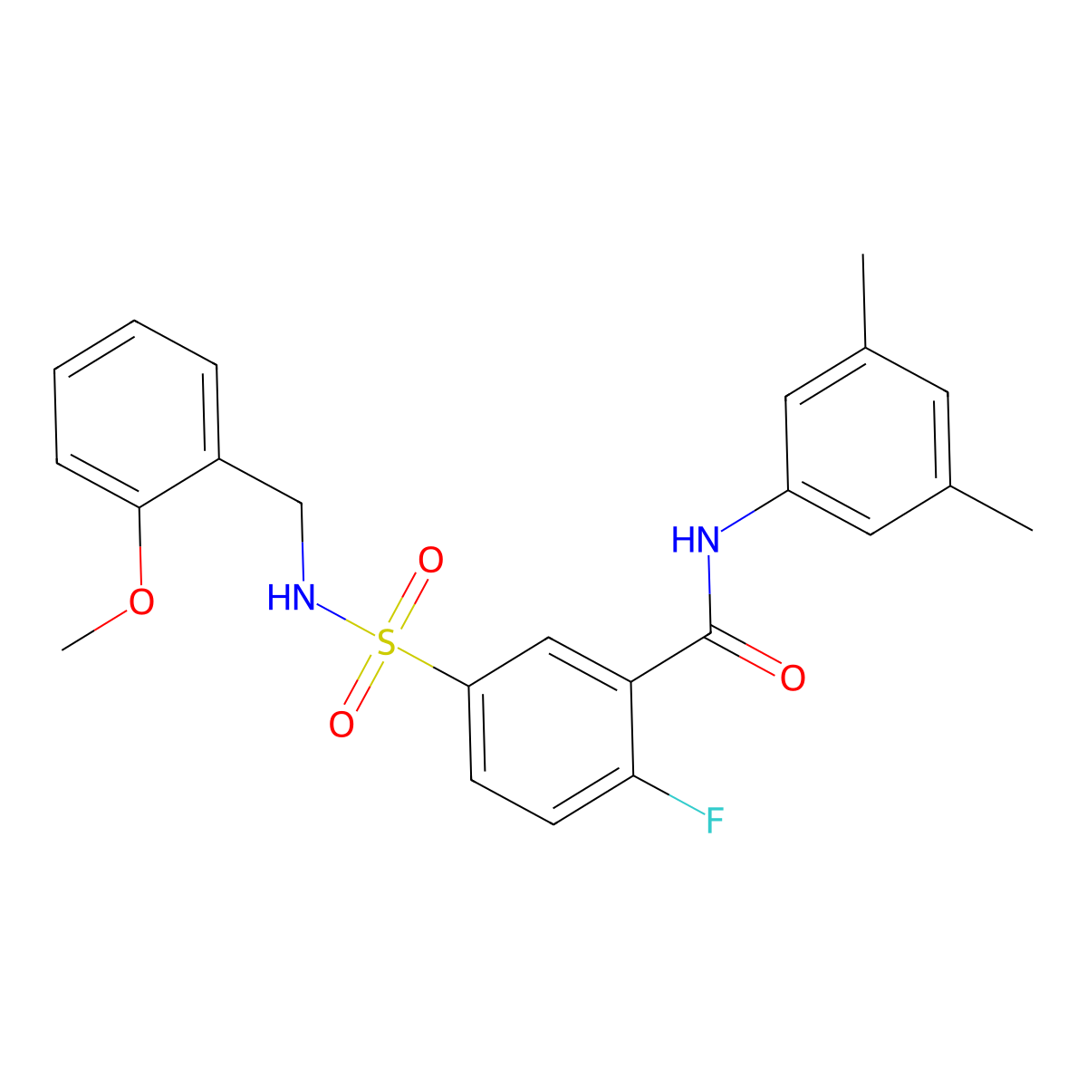 N-(3,5-Dimethylphenyl)-2-fluoro-5-(N-(2-methoxybenzyl)sulfamoyl)benzamide molecular structure, CAS 422558-63-2