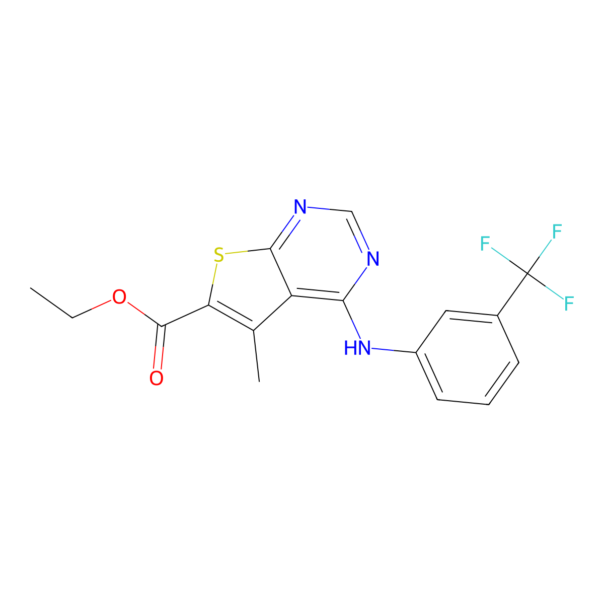 Ethyl 5-methyl-4-[3-(trifluoromethyl)anilino]thieno[2,3-d]pyrimidine-6-carboxylate molecular structure, CAS 422560-46-1