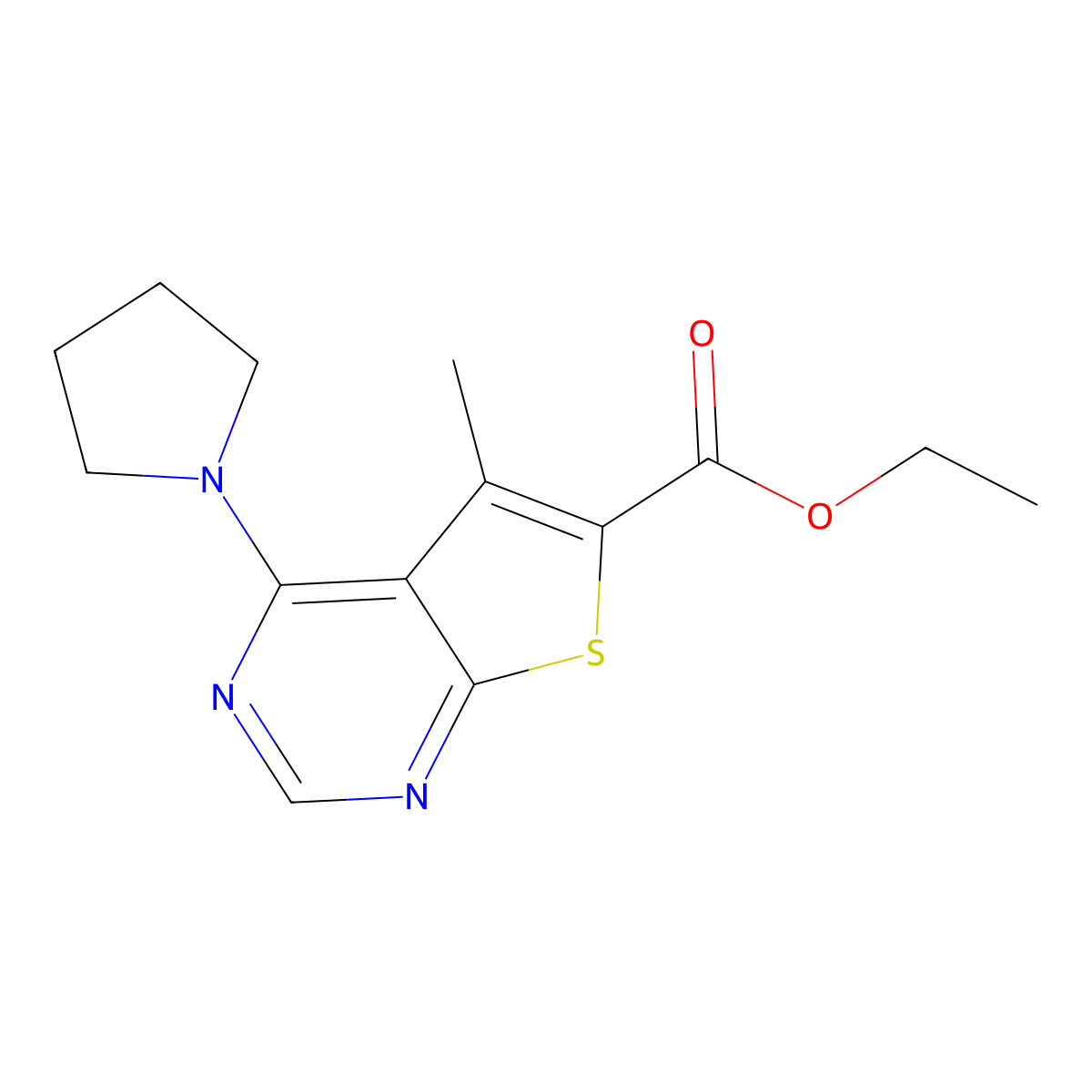 Ethyl 5-methyl-4-(1-pyrrolidinyl)thieno[2,3-d]pyrimidine-6-carboxylate molecular structure, CAS 422560-76-7