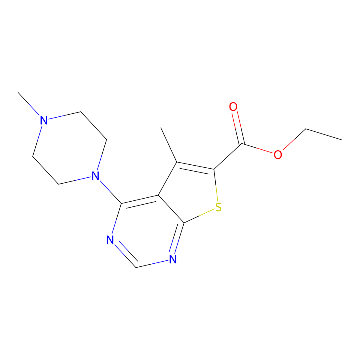 Ethyl 5-methyl-4-(4-methylpiperazin-1-yl)thieno[2,3-d]pyrimidine-6-carboxylate molecular structure, CAS 422560-79-0