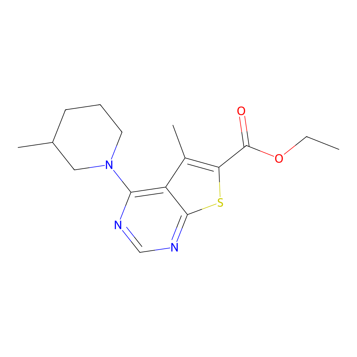 Ethyl 5-methyl-4-(3-methylpiperidin-1-yl)thieno[2,3-d]pyrimidine-6-carboxylate molecular structure, CAS 422560-83-6