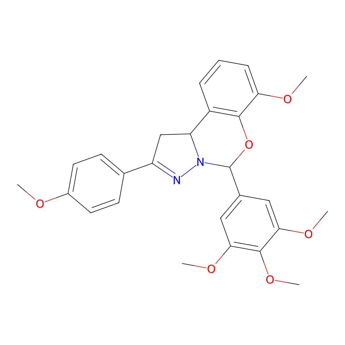 7-Methoxy-2-(4-methoxyphenyl)-5-(3,4,5-trimethoxyphenyl)-1,10b-dihydropyrazolo[1,5-c][1,3]benzoxazine molecular structure, CAS 423127-27-9
