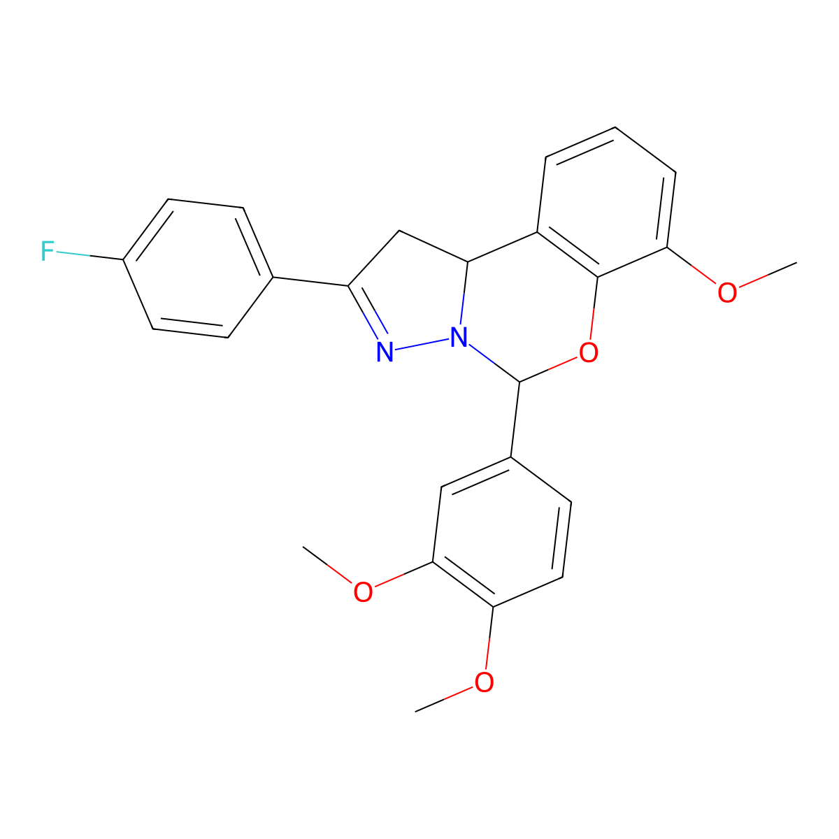 5-(3,4-Dimethoxyphenyl)-2-(4-fluorophenyl)-7-methoxy-1,10b-dihydropyrazolo[1,5-c][1,3]benzoxazine molecular structure, CAS 423127-33-7