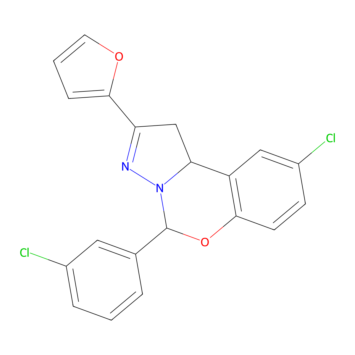 9-Chloro-5-(3-chlorophenyl)-2-(2-furyl)-1,10b-dihydropyrazolo[1,5-c][1,3]benzoxazine molecular structure, CAS 423127-45-1