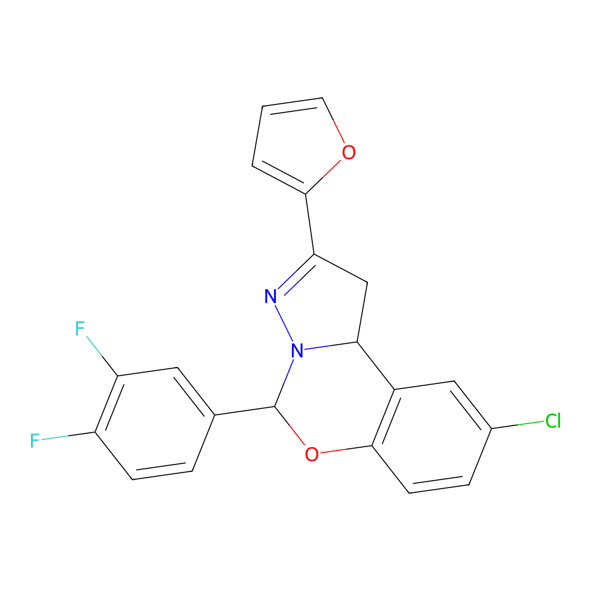 9-Chloro-5-(3,4-difluorophenyl)-2-(2-furyl)-1,10b-dihydropyrazolo[1,5-c][1,3]benzoxazine molecular structure, CAS 423127-54-2