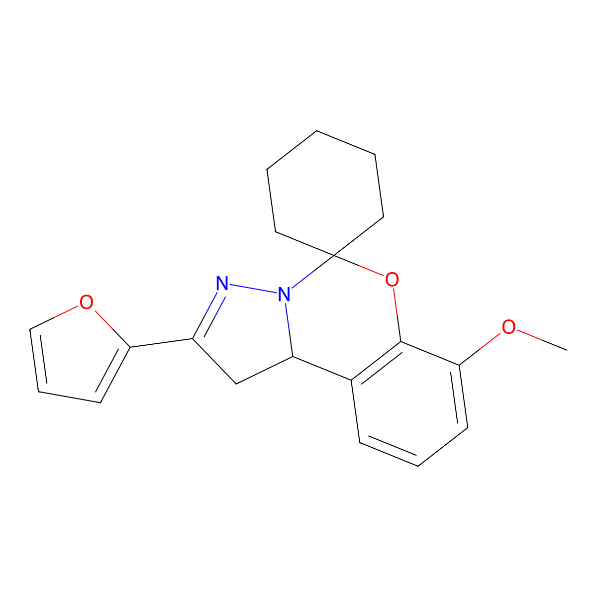 4'-(Furan-2-yl)-10'-methoxy-8'-oxa-5',6'-diazaspiro[cyclohexane-1,7'-tricyclo[7.4.0.0^{2,6}]tridecane]-1'(9'),4',10',12'-tetraene molecular structure, CAS 423127-60-0