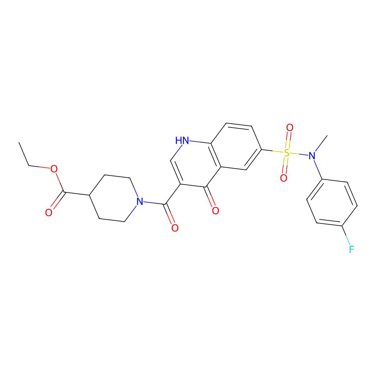 Ethyl 1-[[6-[[(4-Fluorophenyl)methylamino]sulfonyl]-1,4-dihydro-4-oxo-3-quinolinyl]carbonyl]-4-piperidinecarboxylate molecular structure, CAS 423127-65-5