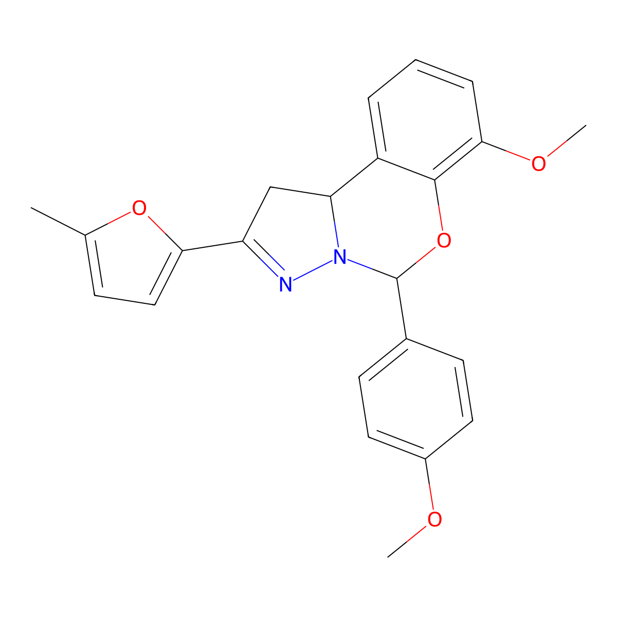 7-methoxy-5-(4-methoxyphenyl)-2-(5-methylfuran-2-yl)-5,10b-dihydro-1H-pyrazolo[1,5-c][1,3]benzoxazine molecular structure, CAS 423130-79-4