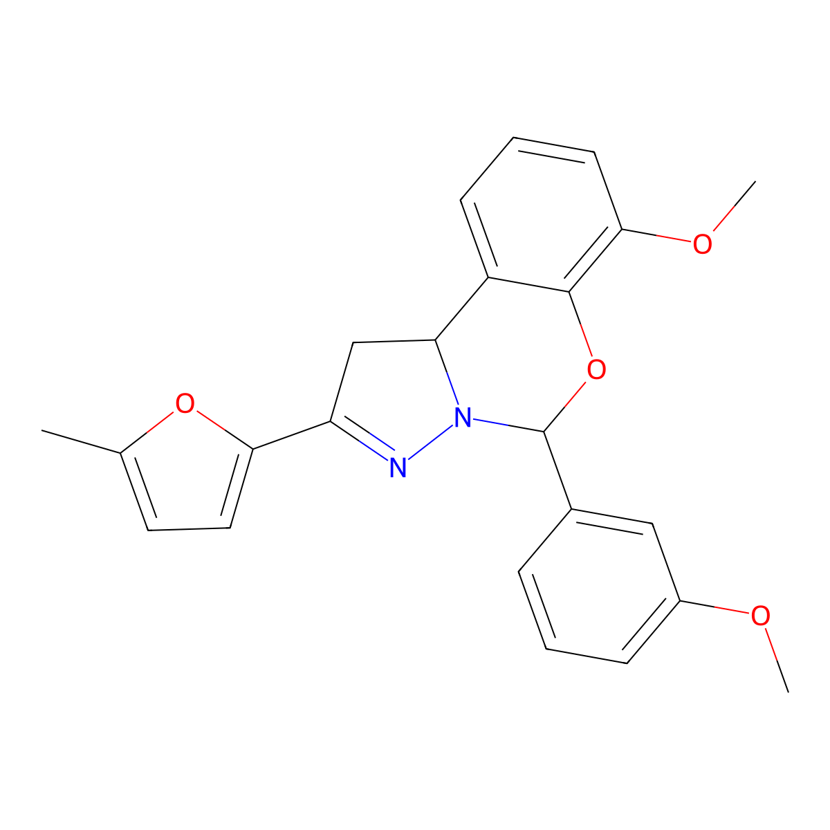 7-methoxy-5-(3-methoxyphenyl)-2-(5-methylfuran-2-yl)-5,10b-dihydro-1H-pyrazolo[1,5-c][1,3]benzoxazine molecular structure, CAS 423130-88-5